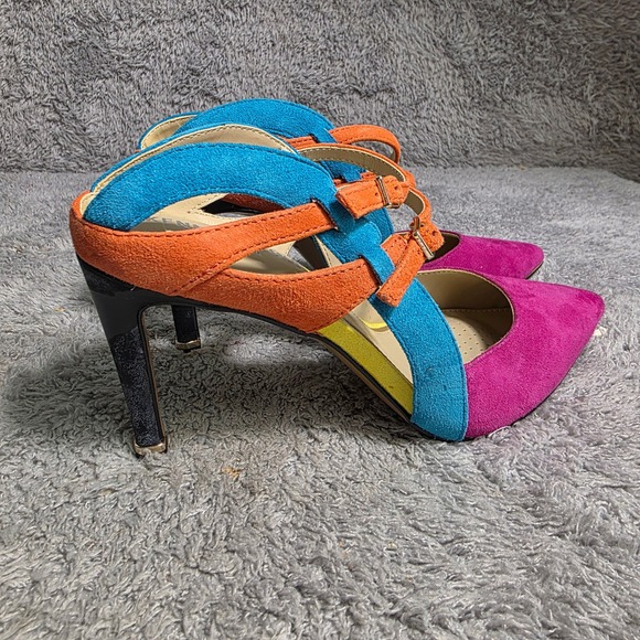 Kenneth Cole Colorblock Suede Strappy Pumps Mules Stiletto Pink Teal Womens 5.5M - Picture 3 of 5